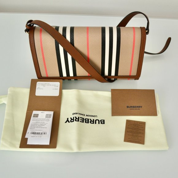 NWT BURBERRY ICON STRIP HANNAH LEATHER TRIM CROSSBODY WALLET BAG - Picture 3 of 7